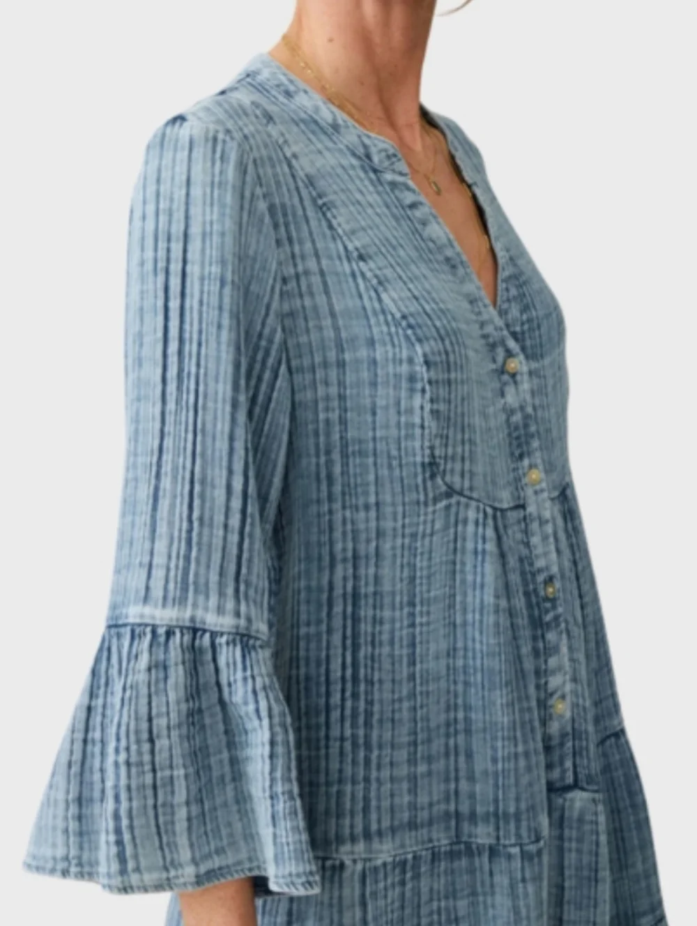 Faherty Kasey Cotton Light Blue Crinkled Tiered Button Front Tunic Dress M - Picture 3 of 8